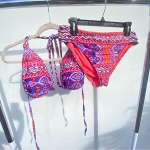 La Blanca Coral & Purple Multicolor Tribal Bikini Set Size 14
